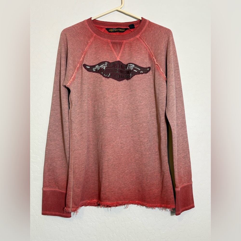 Harley-Davidson Red Ombre Crew Neck distressed Long sleeve Raw Hem‎ motorcycle L